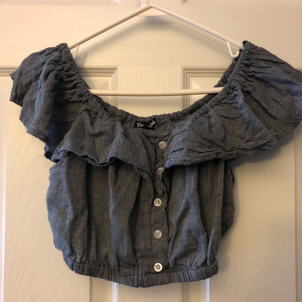blue button down off the shoulder shirt :)